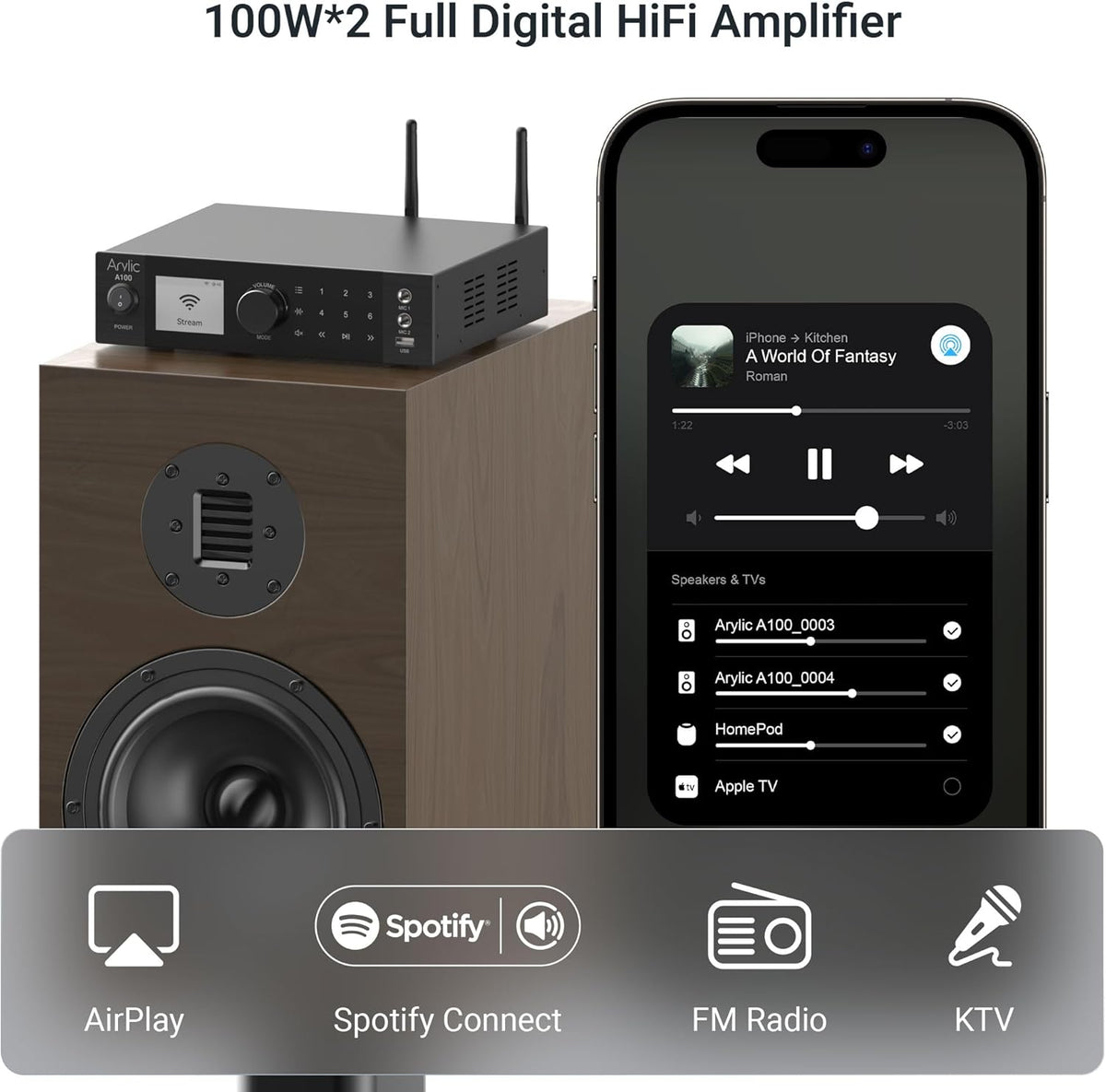 Arylic A100 Draadloze Full Digital HiFi-versterker met FM-radio, 100 W × 2 wifi-en bluetooth-audio-ontvangers, ondersteunt AirPlay, Spotify Connect, Multiroom, ideaal voor KTV, thuisbioscoop en radio.