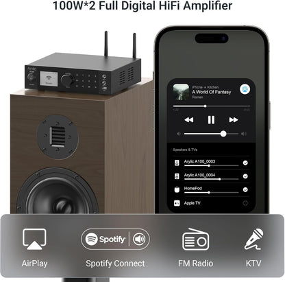 Arylic A100 Draadloze Full Digital HiFi-versterker met FM-radio, 100 W × 2 wifi-en bluetooth-audio-ontvangers, ondersteunt AirPlay, Spotify Connect, Multiroom, ideaal voor KTV, thuisbioscoop en radio.
