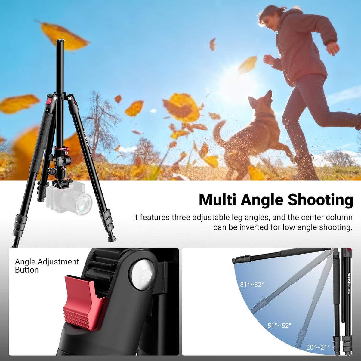 NEEWER Overhead horizontale camerastatief Monopod met kogelkop en flexibele middenkolom, 90 inch hoge metalen DSLR video-reisstandaard, Arca-type QR-plaat en omgekeerde poten, maximale belasting 15