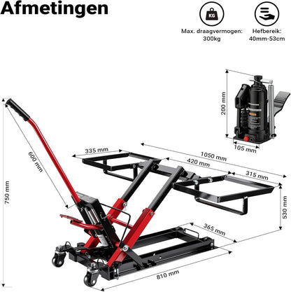 Wiltec 3-in-1 hydraulische lift voor zitmaaiers en motorfietsen, motorlift tot 300 kg, machinekrik met een hefhoogte tot 53 cm, mobiele zitmaaierkrik voor grasmaaiers, motoren, ATV's