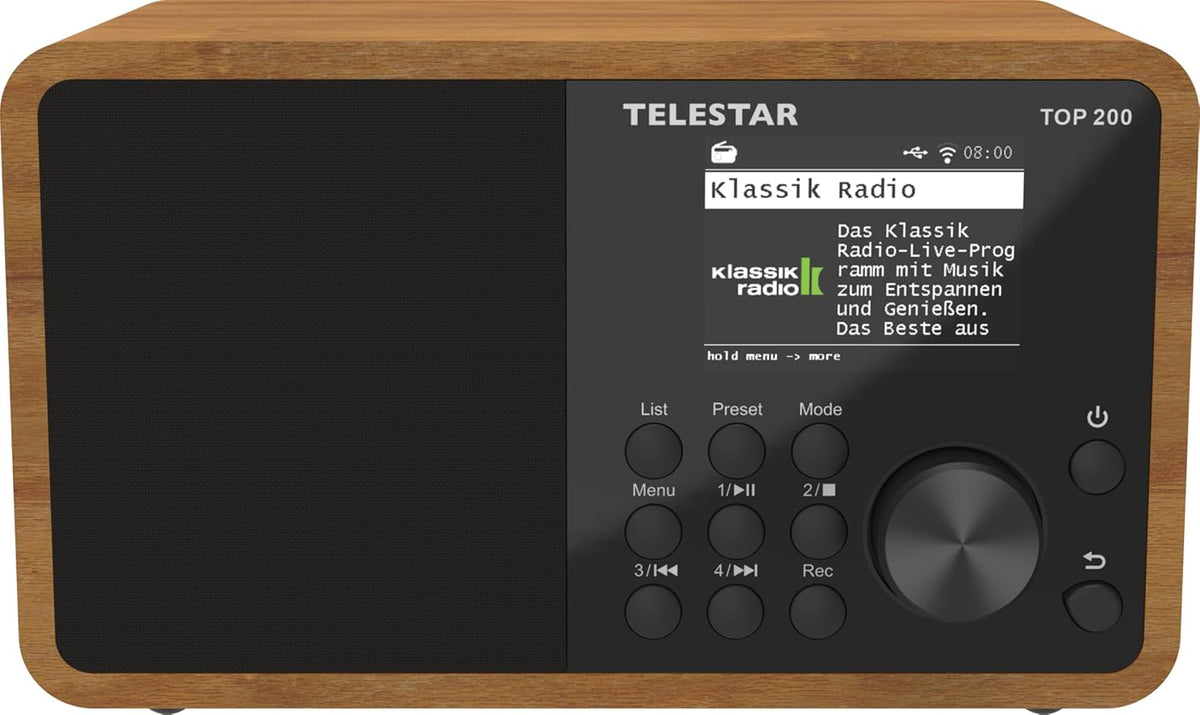 TELESTAR TOP 200 – DAB+/internetradio (mono, 10 watt, Bluetooth zender/ontvangstfunctie, USB-opname, noodwaarschuwingssysteem, app-bediening) – hout