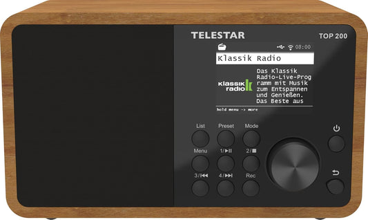TELESTAR TOP 200 – DAB+/internetradio (mono, 10 watt, Bluetooth zender/ontvangstfunctie, USB-opname, noodwaarschuwingssysteem, app-bediening) – hout