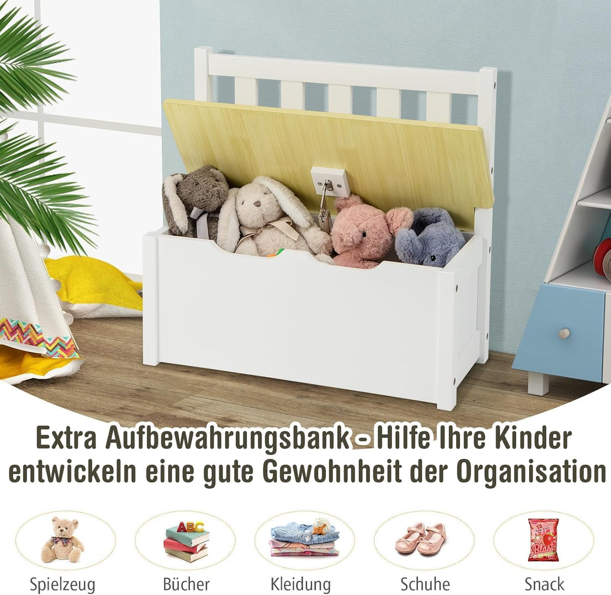 FANTASK 4-delig kinderzitgarnituur met opbergruimte, kindertafel van grenenhout met 2 stoelen & zitbank, natuurlijke kleur