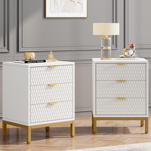 Tribesigns Modern Side Table with 3 Drawers, Contemporary Side Table with Storage Space for Bedroom, Living Room, White and Gold (Pack of 2)