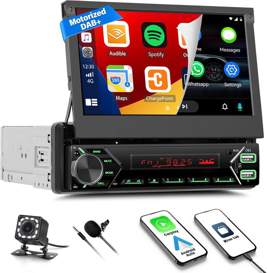 1 DIN Autoradio met draadloze Apple CarPlay & Android Auto, 7 inch motorisch uitklapbaar scherm, Bluetooth, DAB+, USB/Type-C/AUX/FM, spiegelbesturing, achteruitrijcamera + microfoon