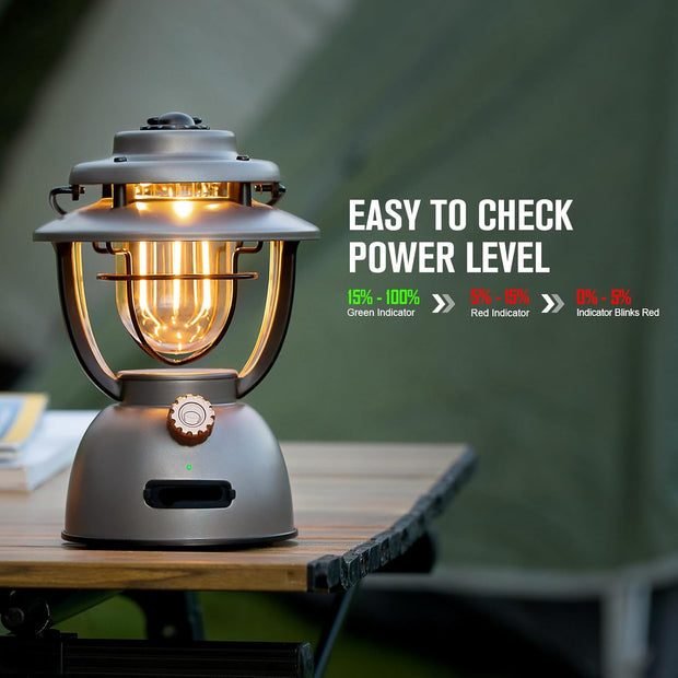 Campinglamp - Kampeerlamp - Retro Stijl LED-lantaarn - Dimbare - Draagbare - met Noodstroombank - USB-C & A Oplaadbaar - voor Buiten - Camping - Noodsituatie - IPX5 Waterdicht - 300Lm - 11200 mAh - Grijs