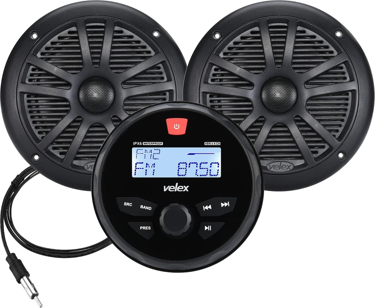 Marine Audio Systeem Stereo Speaker Pakket, Bluetooth, MP3 USB DAB+AM FM Marine Stereo - 2 x 6.5 Inch Zwarte Luidsprekers, Antenne