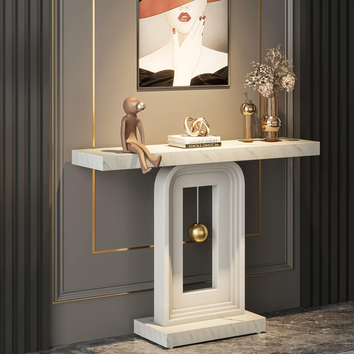 Tribesigns Modern Console Table with Geometric Base, Narrow Sofa, 40 Inches with Gold Decoration, Modern Decorative Wooden Table for Living Room, Entrance, Hallway, Entrance, Marble