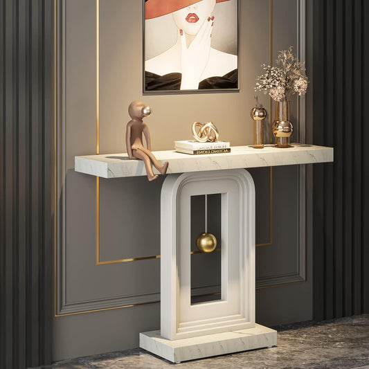 Tribesigns Modern Console Table with Geometric Base, Narrow Sofa, 40 Inches with Gold Decoration, Modern Decorative Wooden Table for Living Room, Entrance, Hallway, Entrance, Marble