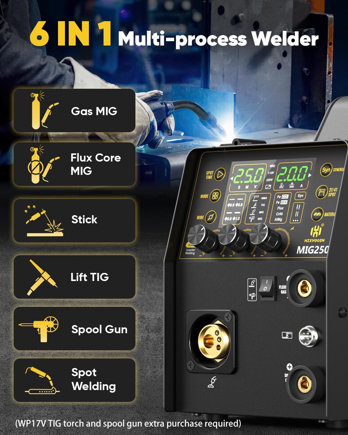 H HZXVOGEN Aluminium MIG-lasapparaat, 250A, 6-in-1, met gas/fluxvulling, gasloos, MIG/Lift TIG/Stick/Punt/Spoel, 110/220V synergetische besturing met LED-digitaal display, verbrandingsregeling