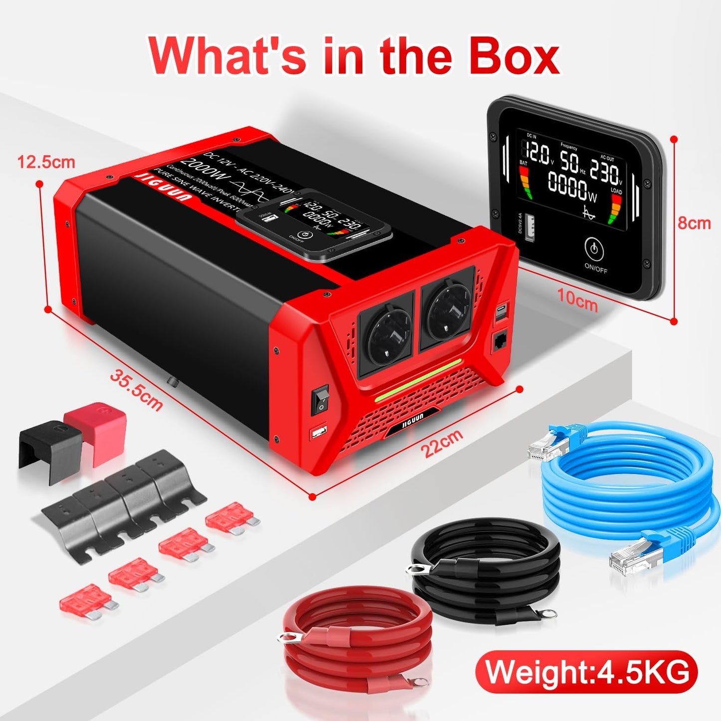 JIGUUN 2000W Omvormer 12V 230V Zuivere sinus Converter inverte met 2 EU stopcontacten & 3 USB+Tycp-C poorten, afneembare afstandsbediening en LCD display Piekvermogen 6000W
