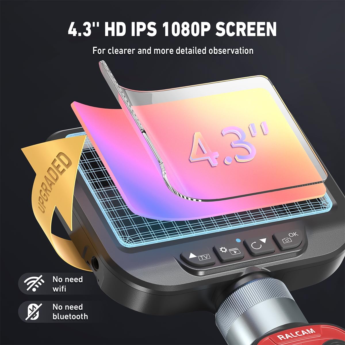 Ralcam Endoscoopcamera, 6,2 mm, 360° endoscoop, 4,3 inch draaibaar, HD 720P inspectiecamera met lichte buis, 6 led-camera's, IP67 waterdicht, halfstijve kabel, 2 m