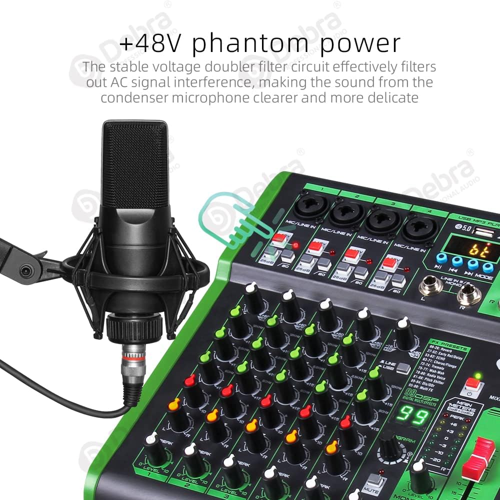 D Debra 6-Kanaals DJ Mixer, 99 DSP Effecten, USB/MP3 Ingang, 48V Fantoomvoeding, Ideaal voor DJ, Karaoke, Thuisstudio