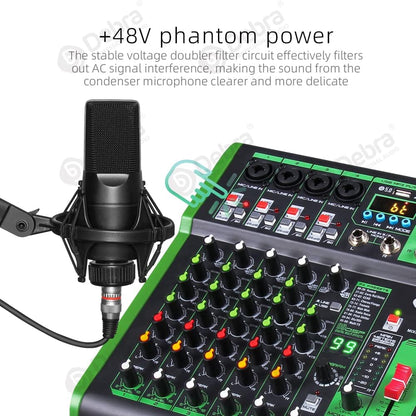 D Debra 6-Kanaals DJ Mixer, 99 DSP Effecten, USB/MP3 Ingang, 48V Fantoomvoeding, Ideaal voor DJ, Karaoke, Thuisstudio