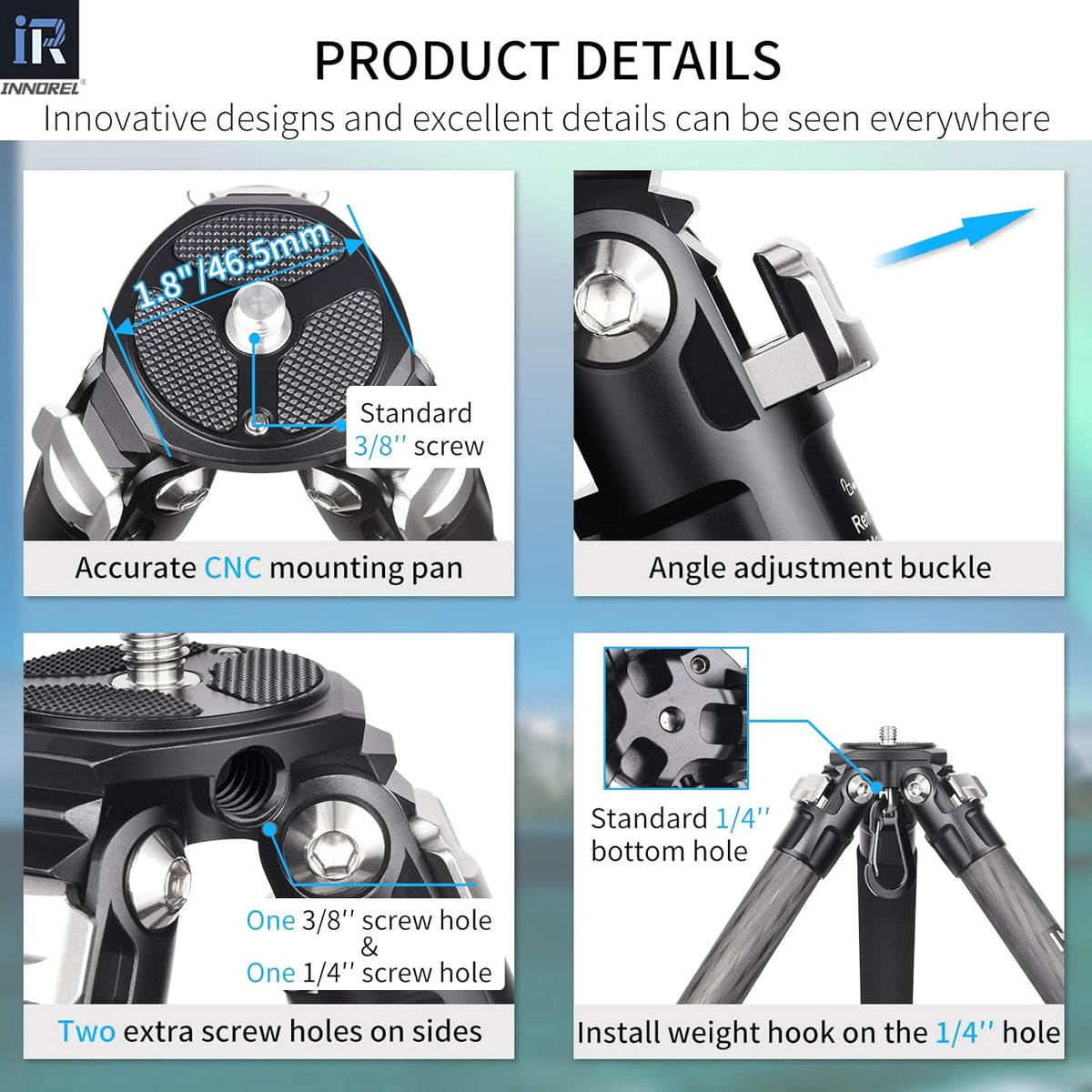 INNOREL KT254C Super Professionele Draagbare Reizen Koolstofvezel Statief voor DSLR Camera Heavy Duty Compact Stand Ondersteuning 1.0in/25.6mm Buis Max Belasting 33lbs/15kg met Korte Middenkolom