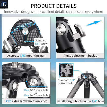 INNOREL KT254C Super Professionele Draagbare Reizen Koolstofvezel Statief voor DSLR Camera Heavy Duty Compact Stand Ondersteuning 1.0in/25.6mm Buis Max Belasting 33lbs/15kg met Korte Middenkolom