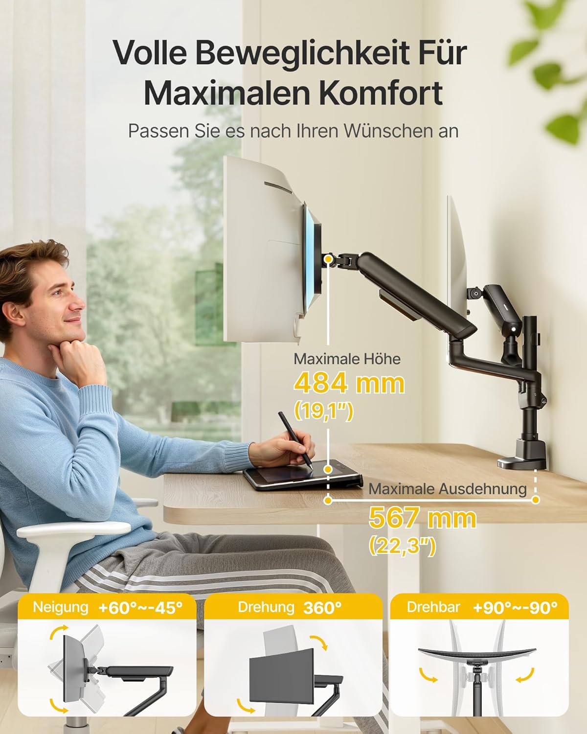 monTEK Monitorhouder 2 monitoren voor 17-35 inch beeldschermen tot 11 kg, hoge monitorarm met USB, 360° draaibaar, monitorhouder met kantelen, draaien, VESA 75/100, MA1011UCPBK-D