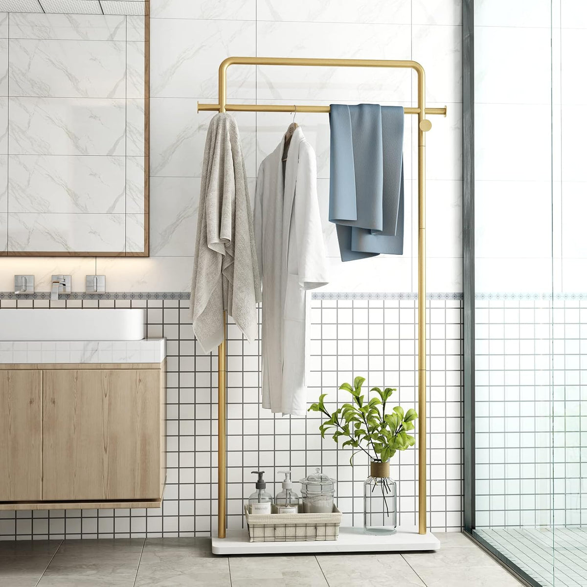 TIEOU Gouden kledingrek met plank, gouden kledingrekken voor boetieks, vrijstaand kledingrek voor hangende kleding, gouden kapstok, klein metalen kledingrek voor zwaar gebruik, Industrieel kledingrek
