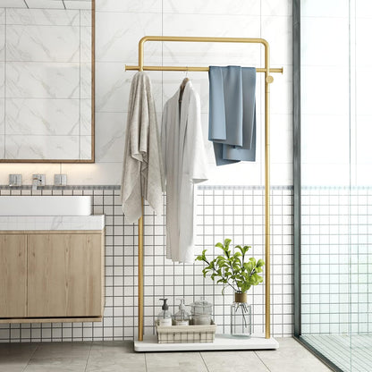 TIEOU Gouden kledingrek met plank, gouden kledingrekken voor boetieks, vrijstaand kledingrek voor hangende kleding, gouden kapstok, klein metalen kledingrek voor zwaar gebruik, Industrieel kledingrek