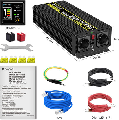 novopal Power Inverter Pure Sinusgolf-3000 Watt 24V DC naar 230V/240V AC Converter-2AC EU Outlets Car Inverter met Dua USB Ports-5 Meter Afstandsbediening en Twee Koelventilatoren-Peak Power 6000 Watt