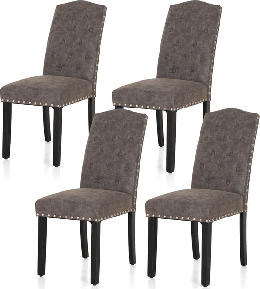 ALPHA HOME Dining Chairs Set of 4, Upholstered Kitchen Chair, Dining Chairs, Tufted Kitchen Chairs with Solid Wood Legs and High Backrest, Faux Leather Padded Parson Chairs, Grey