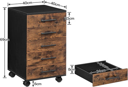 HOOBRO Archiefkast, Rolcontainer met 5 Laden, Houten Bureaukast, Commode Opbergkast, Industriële Stijl, Eenvoudige Montage, Rustiek, Donkerbruin en Zwart EBF05WJ01