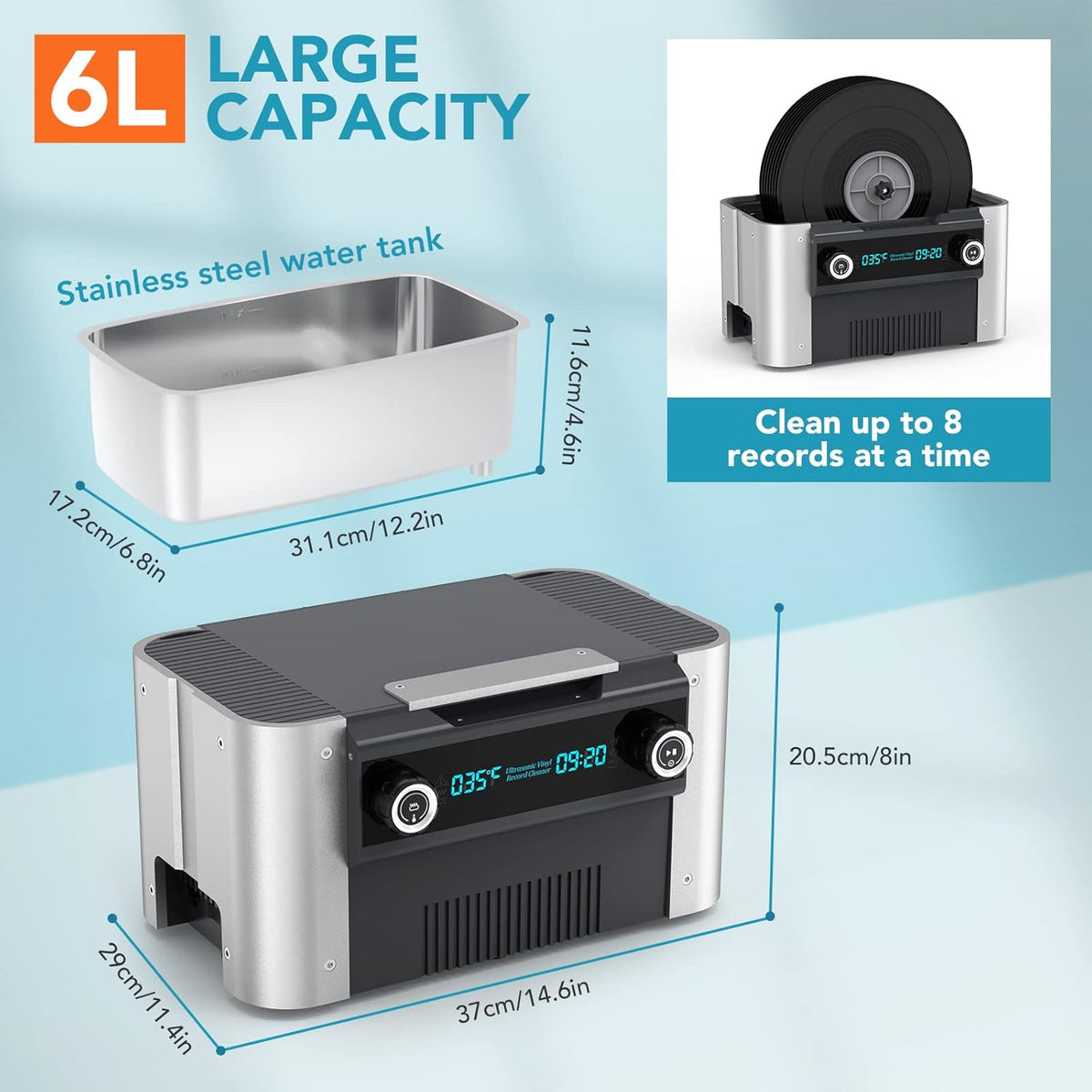 LifeBasis Ultrasone reiniger 6 l, 49 kHz Ultrasone Record Cleaner met timer en schijfhouder voor vinylschijf/sieraden/bril, 240 W