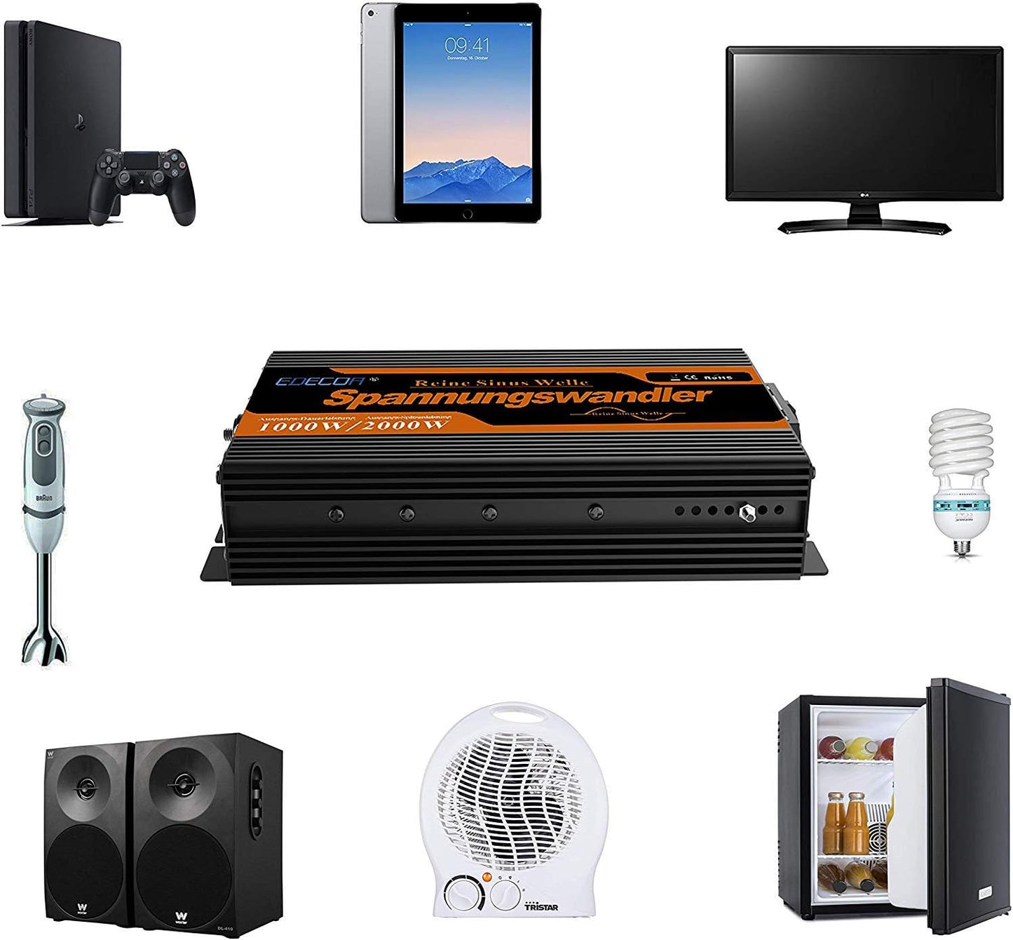 EDECOA Omvormer Zuivere Sinus 1000W 12 V 230 V Auto Omvormer 12V naar 230V Spanningsomvormer 2000W Piekvermogen Inverter Pure Sine Wave met Afstandsbediening EU Stopcontacten