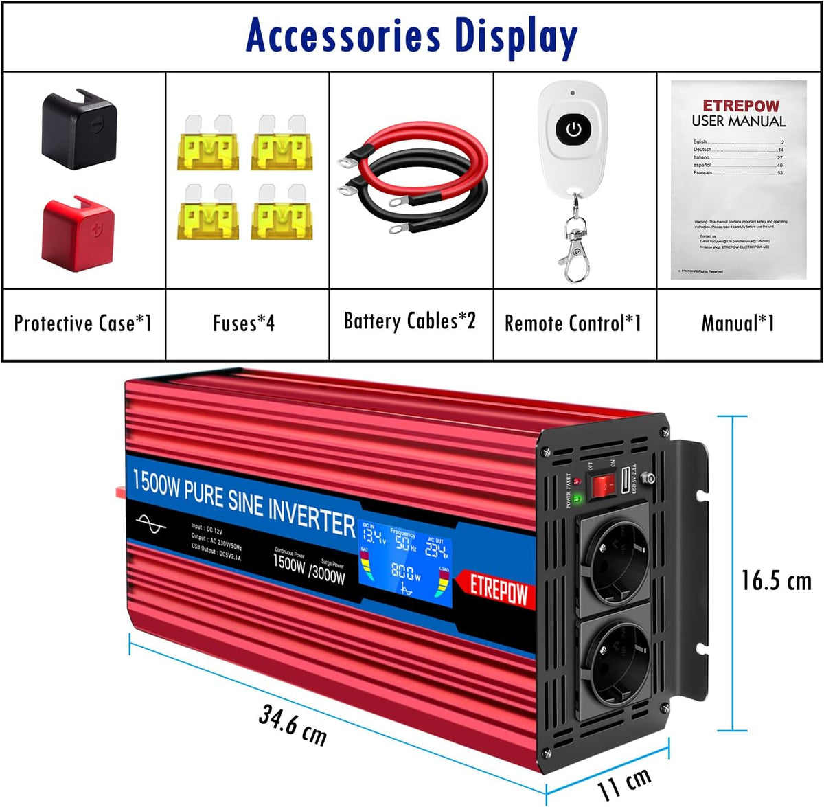 1500w/3000W Omvormer Zuivere Sinus Spanningsomvormer 12v 230v met 2 EU-Stopcontacten en 2.1A USB-Poort,draadloze afstandsbediening LCD-scherm