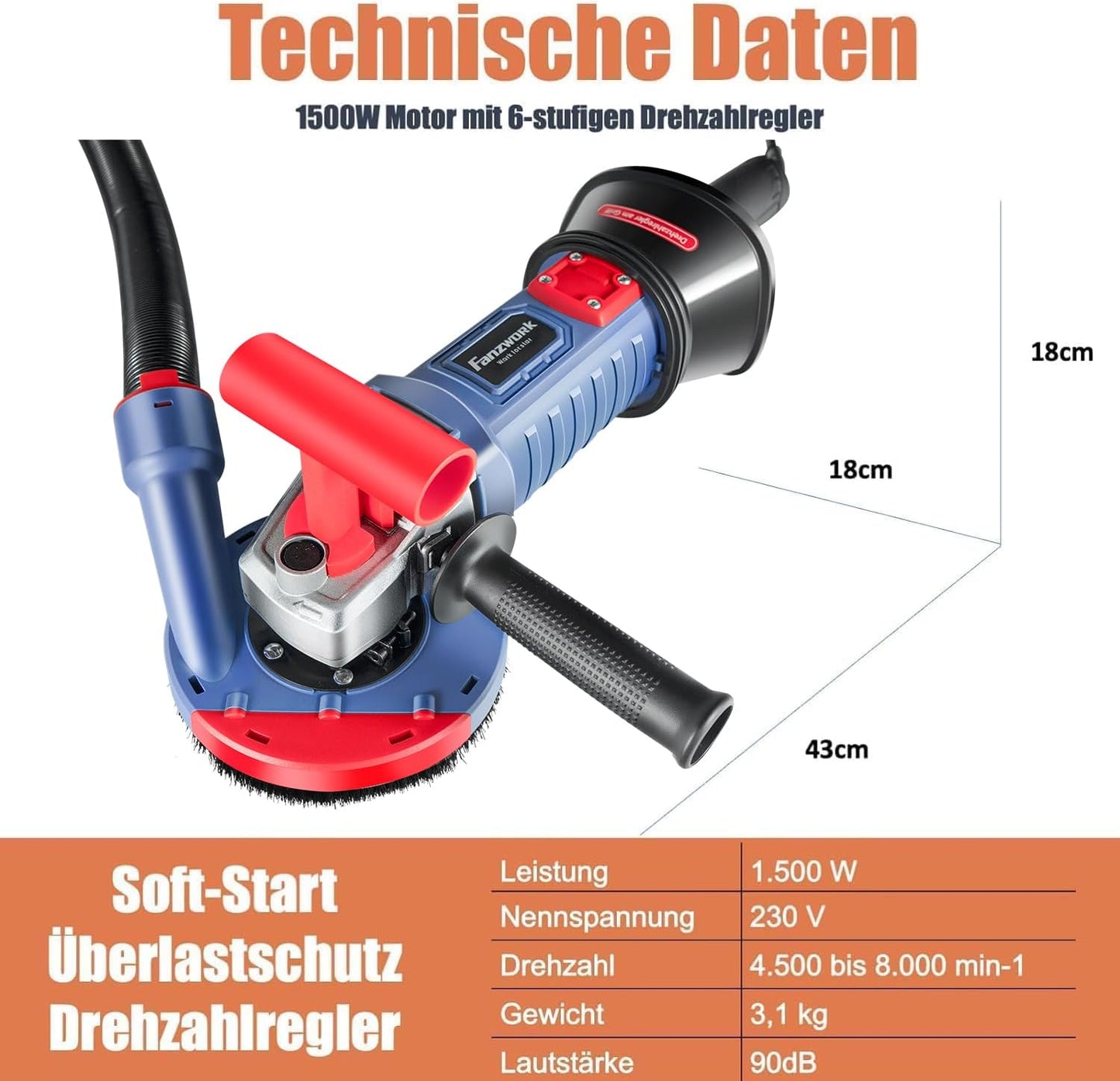 FANZTOOL Betonschuurmachine, 1500 W, instelbare snelheid, met diamantkop 125 mm, zuigkap en T-greep, ideaal voor beton en tegellijm