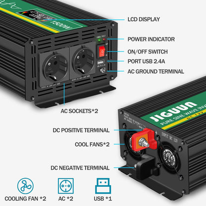 JIGUUN 1500W omvormer 12v naar 230v zuivere sinus Converter inverter met draadloze afstandsbediening LCD-scherm 2 Eu-stopcontact & 1 USB-poort Piekvermogen 3000W voor auto, camping, reizen,noodgeval