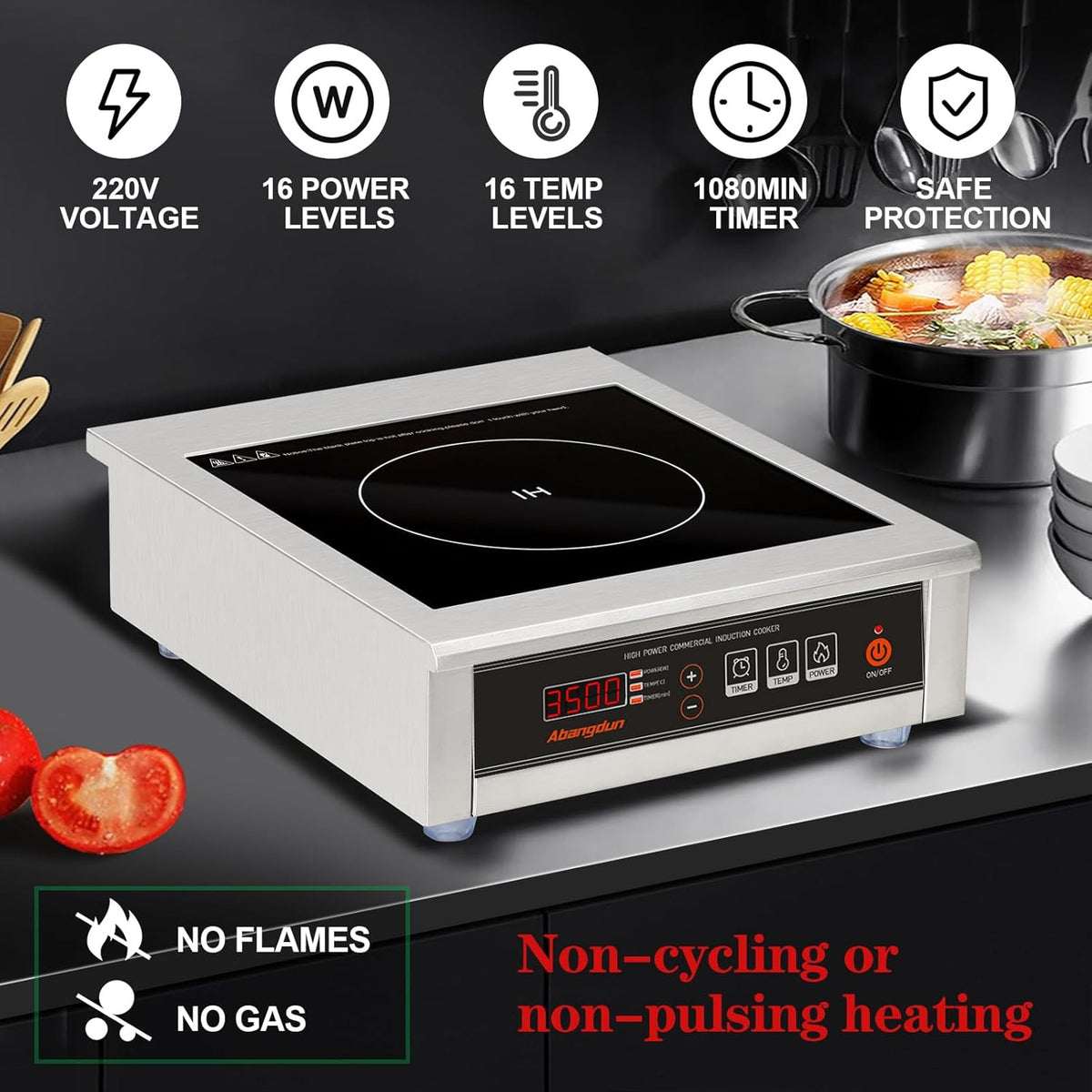 Commerciële inductiekookplaat 3500 W - 190-275 V - commerciële inductiekookplaat met 16 standen, 60-240 °C, 18 uur timer, roestvrij staal en glas