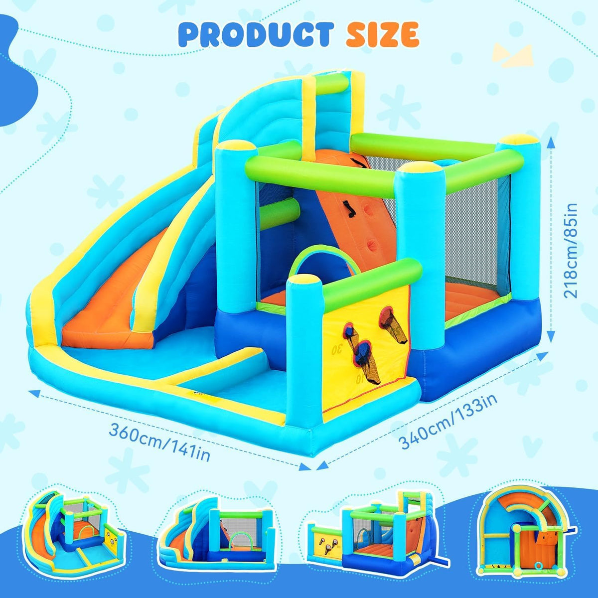 FBSPORT Springkasteel met ventilator, waterspeelcentrum met droog-/waterglijbaan, kinderbadje, klimwand, spring- en basketbalmand, groot springkasteel voor binnen en buiten, geschikt voor maximaal 4