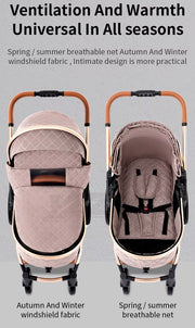 Kinderwagen 3 in 1 - Kinderwagen - Bedje - Buggy - Autostoel - Opvouwbaar - Aluminium frame - Blauw - Goud - Bruin