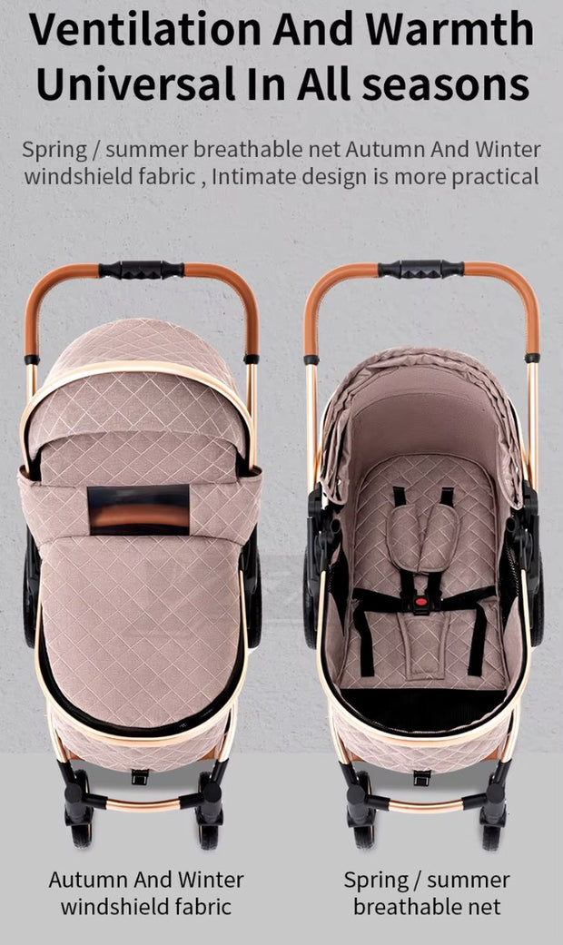 Kinderwagen 3 in 1 - Kinderwagen - Bedje - Buggy - Autostoel - Opvouwbaar - Aluminium frame - Blauw - Goud - Bruin