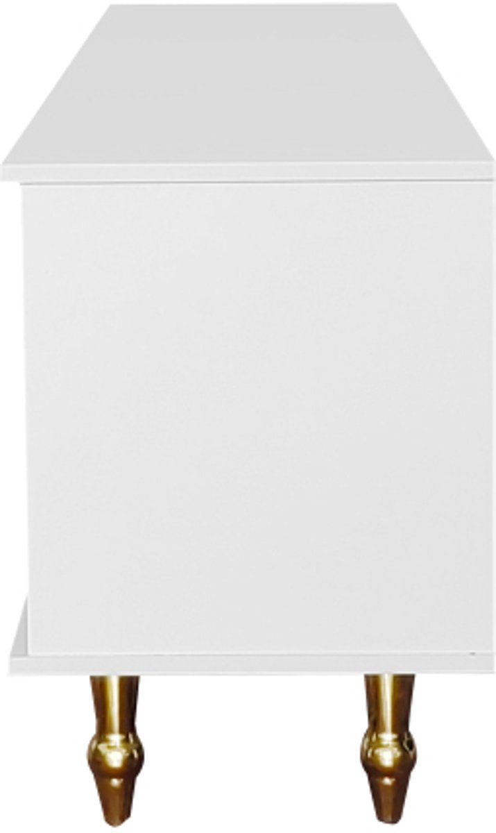 Lowboard - Tv-Meubel in Retrostijl - Gouden Handgrepen - Veel Opbergruimte - Met Rotan Deur - en Metalen Poten - Wit