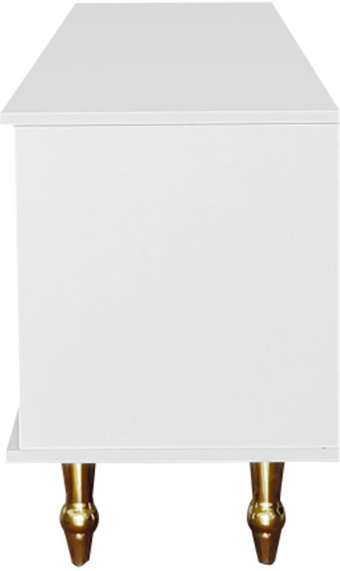 Lowboard - Tv-Meubel in Retrostijl - Gouden Handgrepen - Veel Opbergruimte - Met Rotan Deur - en Metalen Poten - Wit