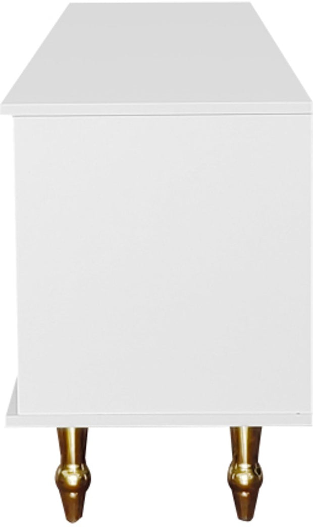 Lowboard - Tv-Meubel in Retrostijl - Gouden Handgrepen - Veel Opbergruimte - Met Rotan Deur - en Metalen Poten - Wit
