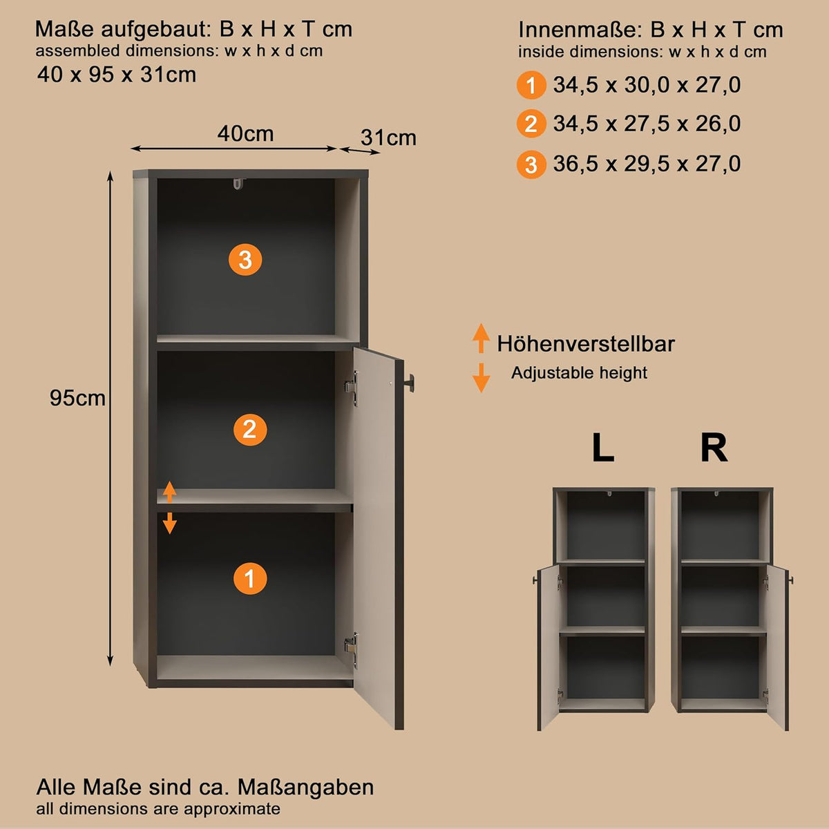 trendteam smart living - PureBliss - staande kast - Kashmir lichtgrijs - groeflook - 1 open vak + 1 plank - (BxHxD) 40 x 95 x 31 cm - badkamerkast met elegante metalen handgreep - QUORE