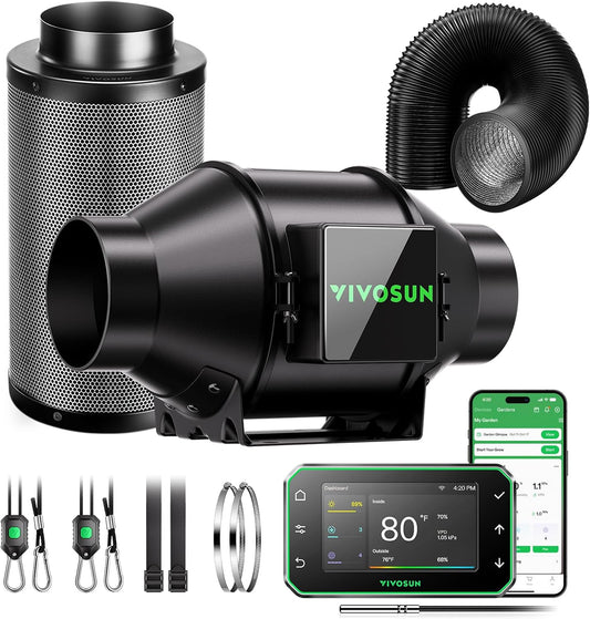 VIVOSUN AeroZesh G4 Pro G4 Smart Air Filter Kit 10,2 cm - GrowHub E42A Inline Duct Fan - WiFi Controller - Koolstoffilter en kanalen - Koel- en koelsysteem