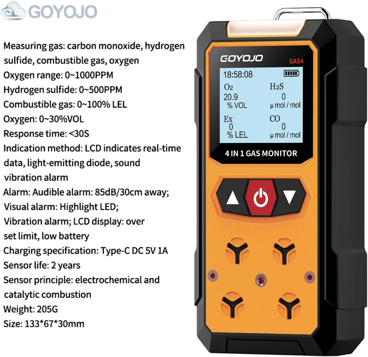 Gaslekdetector 4-in-1 (H2S, EX, O2, CO) - Betrouwbare Thuis- en Werkplekveiligheidsmonitor met Nauwkeurige Detectie - Oplaadbaar, Robuuste Constructie, Directe Waarschuwingen