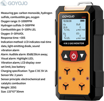 Gaslekdetector 4-in-1 (H2S, EX, O2, CO) - Betrouwbare Thuis- en Werkplekveiligheidsmonitor met Nauwkeurige Detectie - Oplaadbaar, Robuuste Constructie, Directe Waarschuwingen