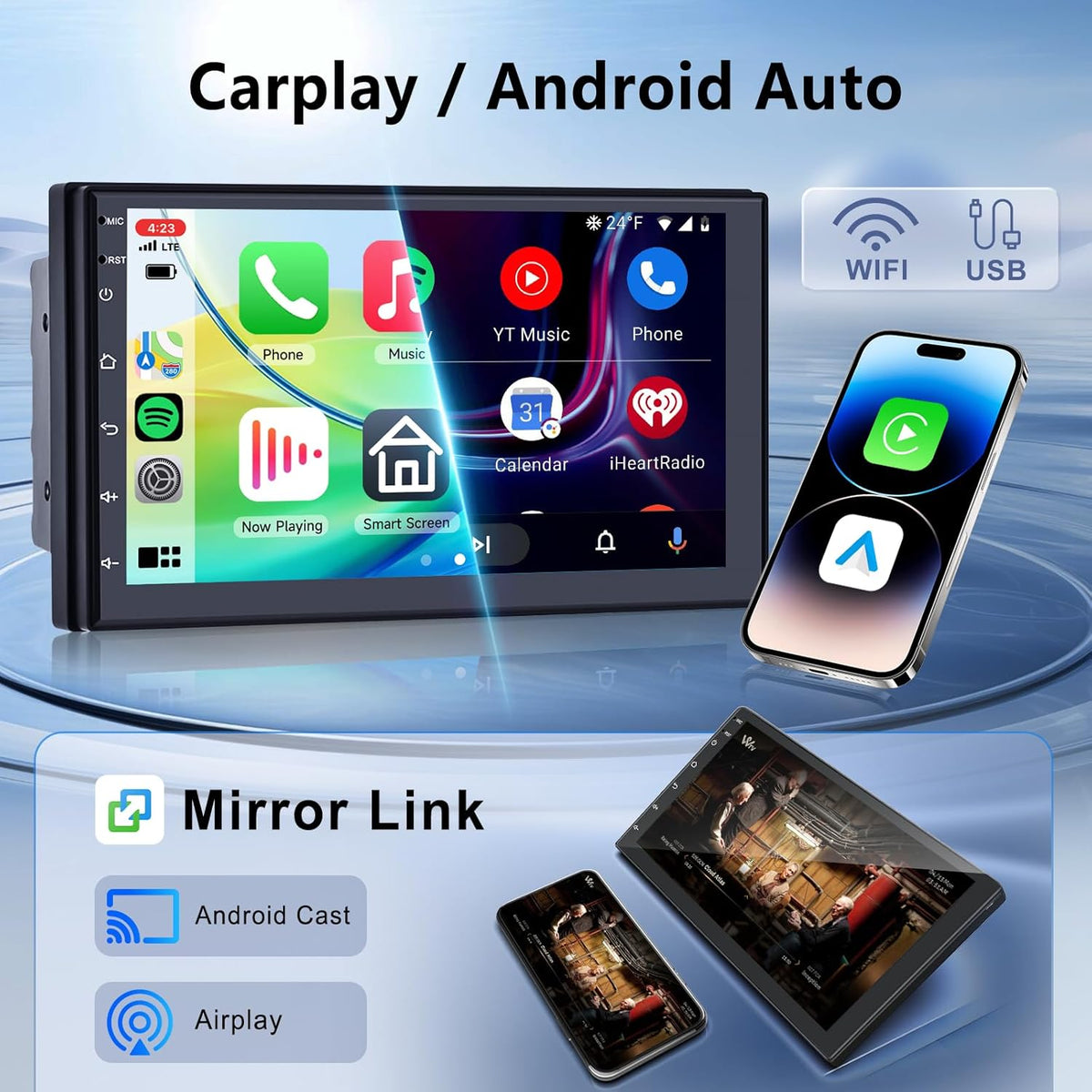 【8 Cores 6+128G】 Hodozzy Carplay Android Autoradio 2 Din met GPS 7 Inch Touchscreen, Bluetooth Autoradio met Android Auto/DSP/WiFi/RDS/FM/USB + Achteruitrijcamera