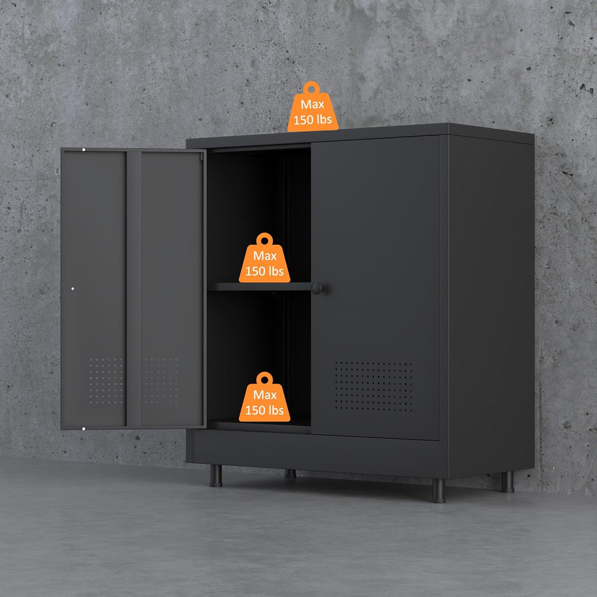 Metalen opbergkast met 2 deuren en verstelbare plank, stalen accent dressoir buffetkast voor thuis, kantoor, garage, entree, woonkamer, keukenkast en eetkamer (zwart) - QUORE