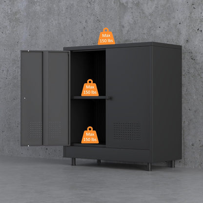 Metalen opbergkast met 2 deuren en verstelbare plank, stalen accent dressoir buffetkast voor thuis, kantoor, garage, entree, woonkamer, keukenkast en eetkamer (zwart) - QUORE