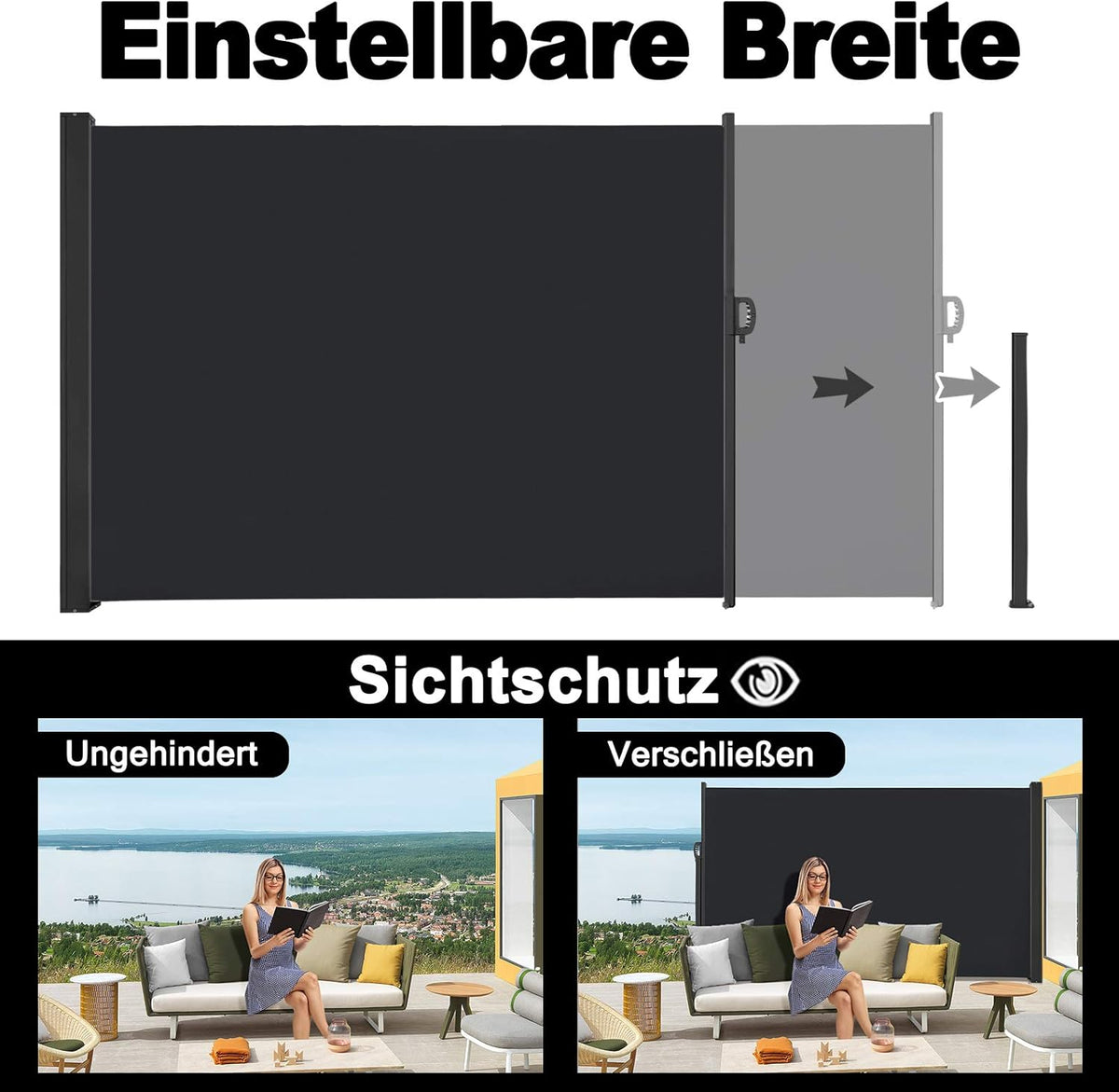 Uittrekbaar Zijscherm – Balkonscherm – Zonwering – Privacyscherm – Windscherm – Waterbestendig Polyester – 160 x 600 cm – Antraciet