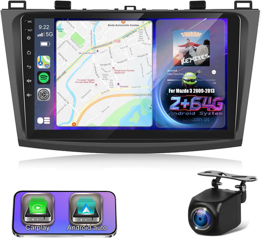 2G+64G Android Car Stereo for Mazda 3 2009-2013, 9 inch Touchscreen Radio with Wireless Carplay & Android Auto/WiFi/GPS/Bluetooth/EQ/FM RDS Radio+Backup Camera +Mic