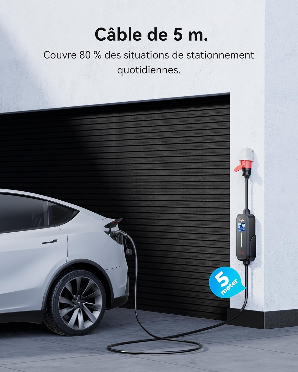 Raylix 11 kW elektrische autolader, type 2 (5 m, 6 A - 16 A, driefasig) met elektriciteitsmeter, instelbare intensiteit en uitgesteld opladen, laadstation 11 kW driefasig, compatibel met type 2