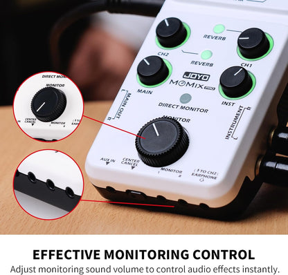 JOYO Audio-mixer, audio-interface, USB, stereo XLR + mixer met 48 V fantoomvoeding voor live streaming-opname, podcasting plug & play (MOMIX PRO)