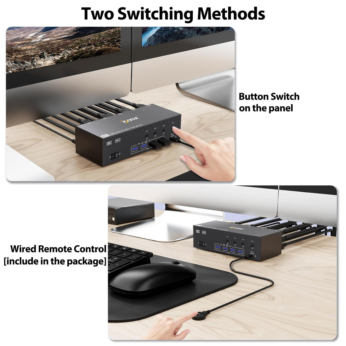 YOUTINGHD KVM Switch 4 PC 3 Monitoren 8K @60Hz 4K @144Hz, USB 3.0 Triple Monitor 2x DisplayPort 1.4 + HDMI 2.1 Muistoetsenbord, Bedrade Afstandsbediening en Power